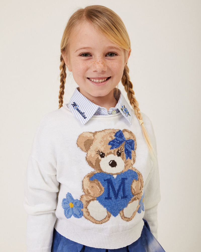 Girls Ivory Knit Bear Sweater
