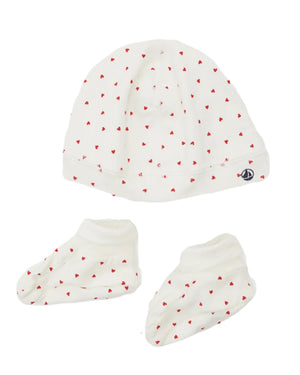
  
    Petit
  
    Bateau
  
 Baby Girls White Heart Hat & Bottie Set