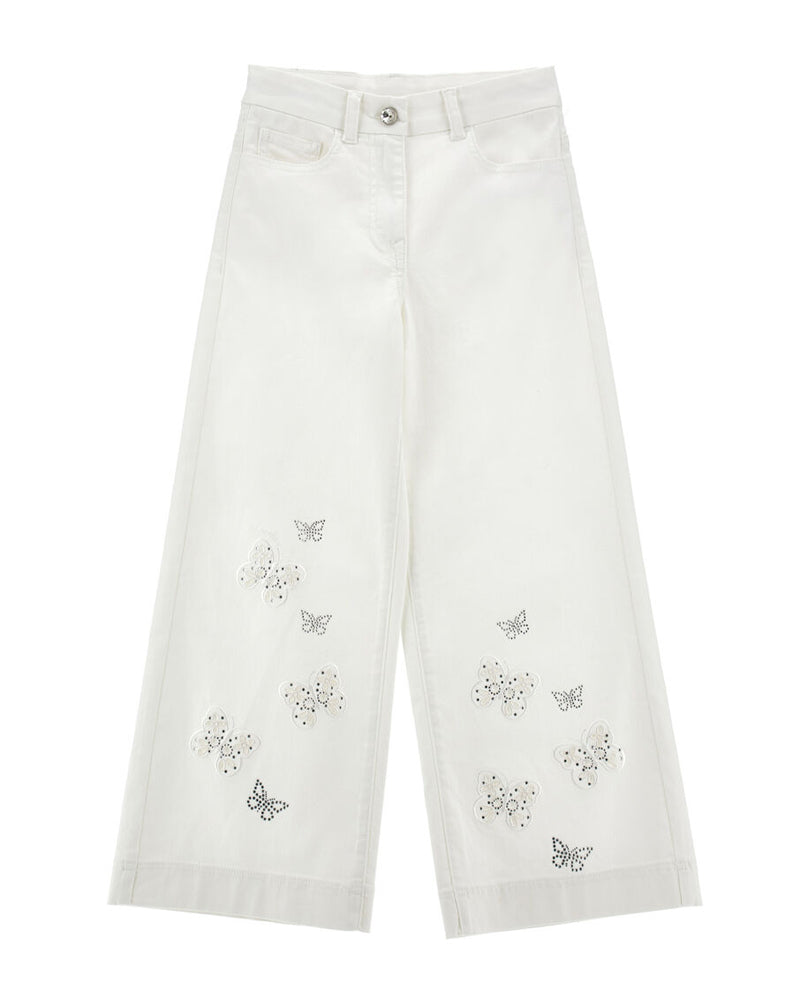 Girls White Butterfly Embroidered Denim