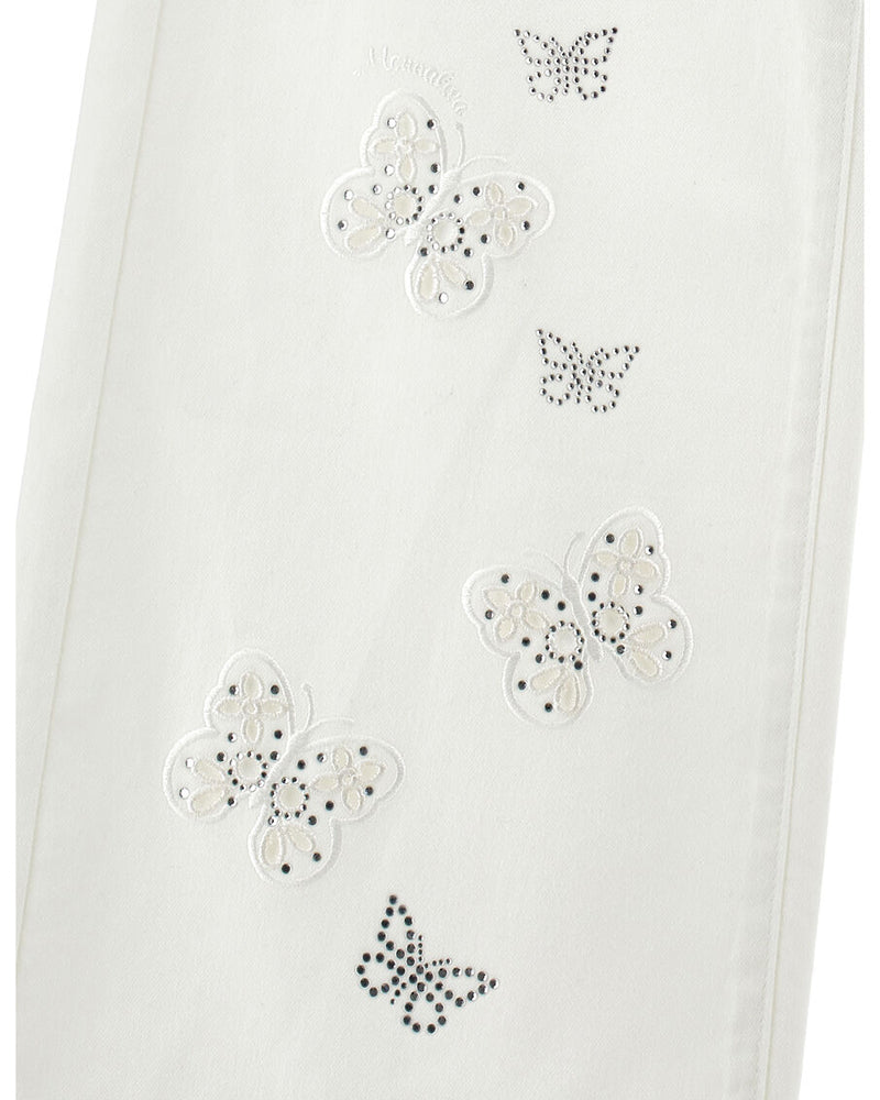 Girls White Butterfly Embroidered Denim