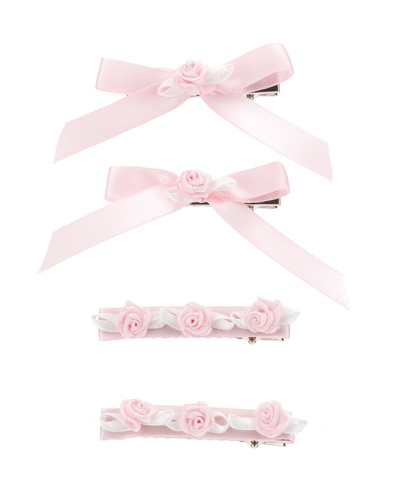 Girls Pink Floral/Bow Clip Set