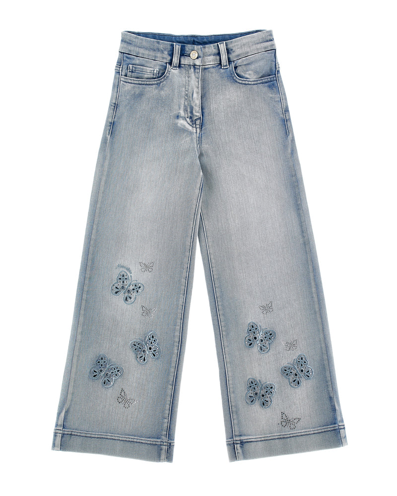 Girls Blue Butterfly Embroidered Denim