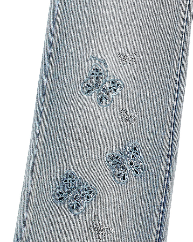 Girls Blue Butterfly Embroidered Denim