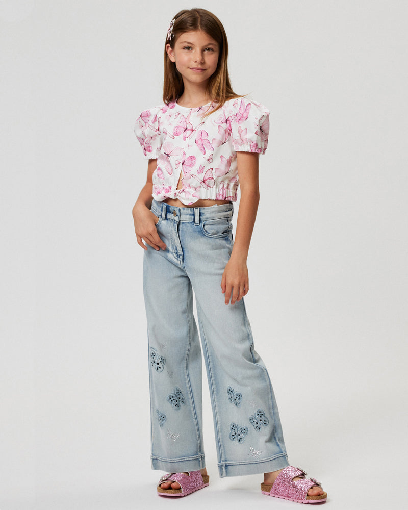 Girls Blue Butterfly Embroidered Denim