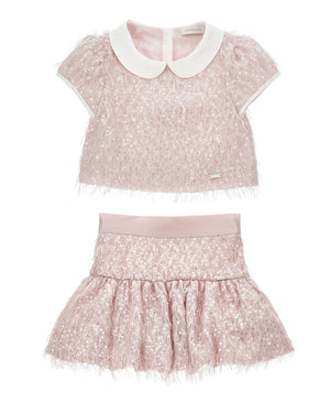 
  
    Monnalisa
  
 Girls Pink Sequin Feathered Blouse & Skirt Set
