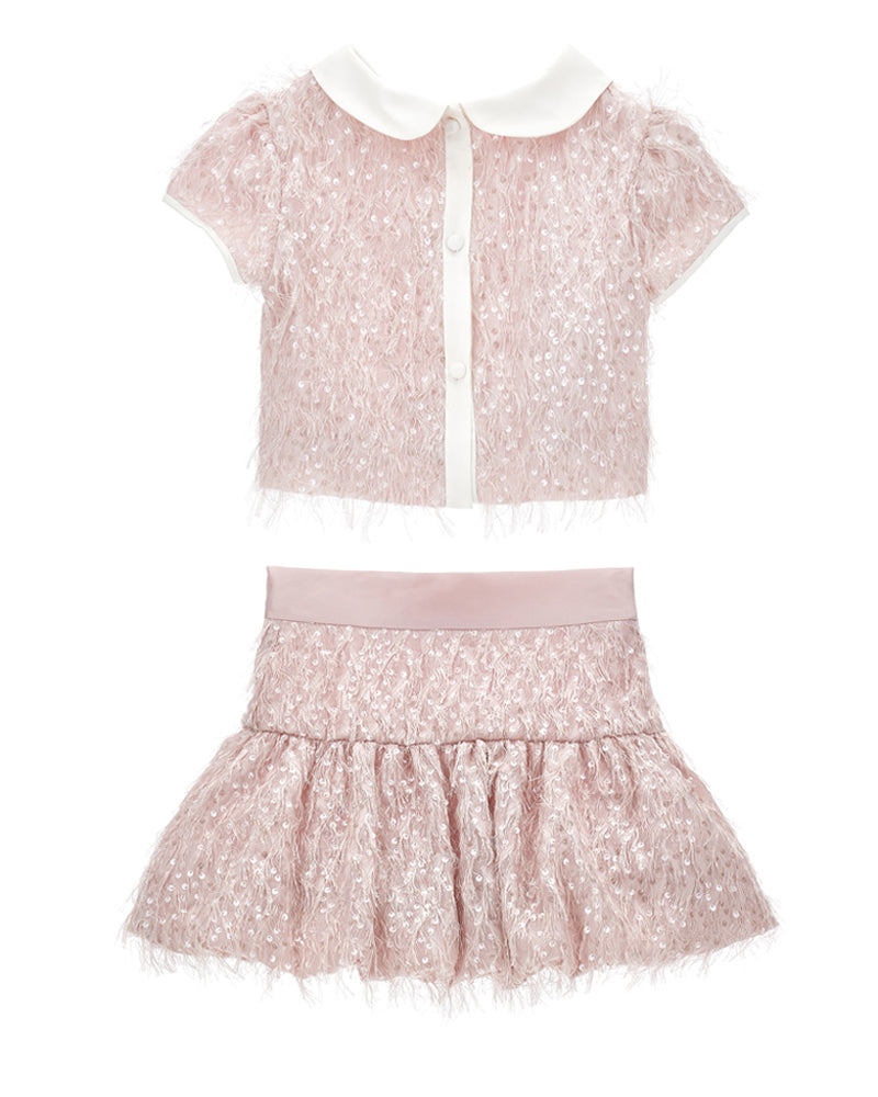 
  
    Monnalisa
  
 Girls Pink Sequin Feathered Blouse & Skirt Set