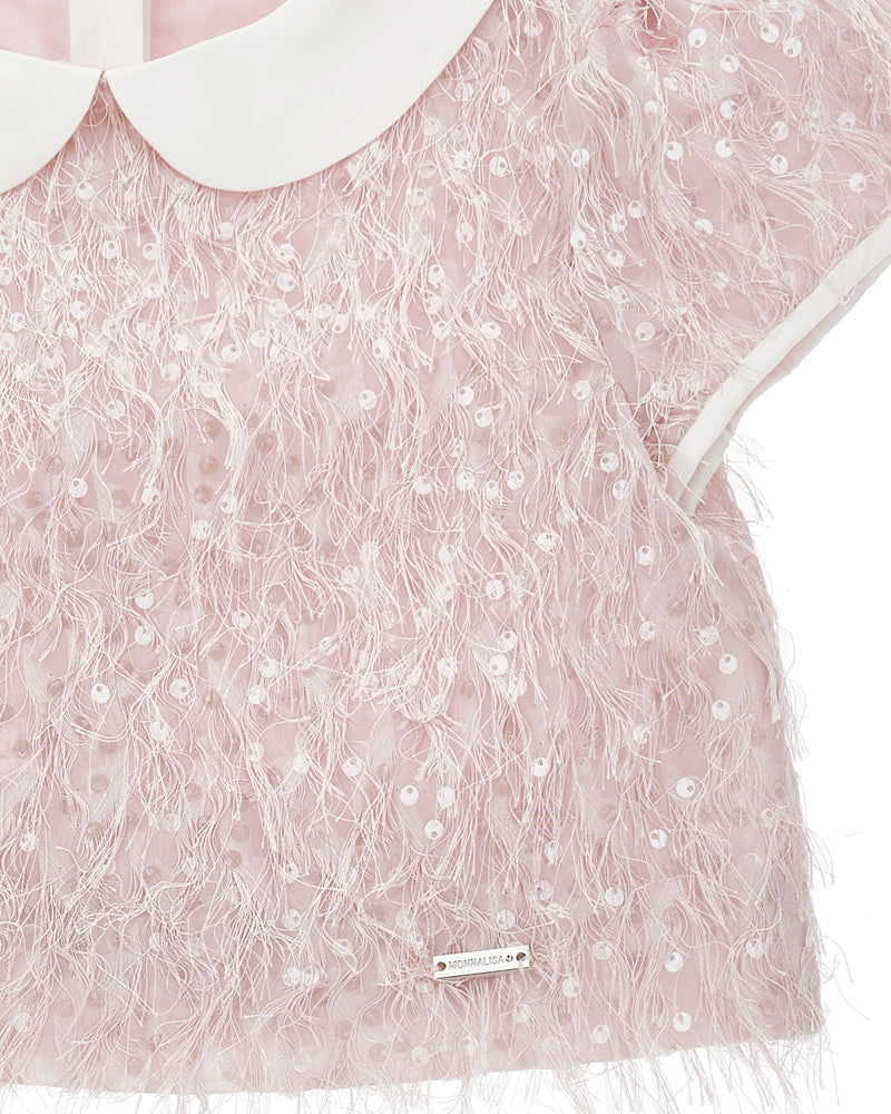 
  
    Monnalisa
  
 Girls Pink Sequin Feathered Blouse & Skirt Set