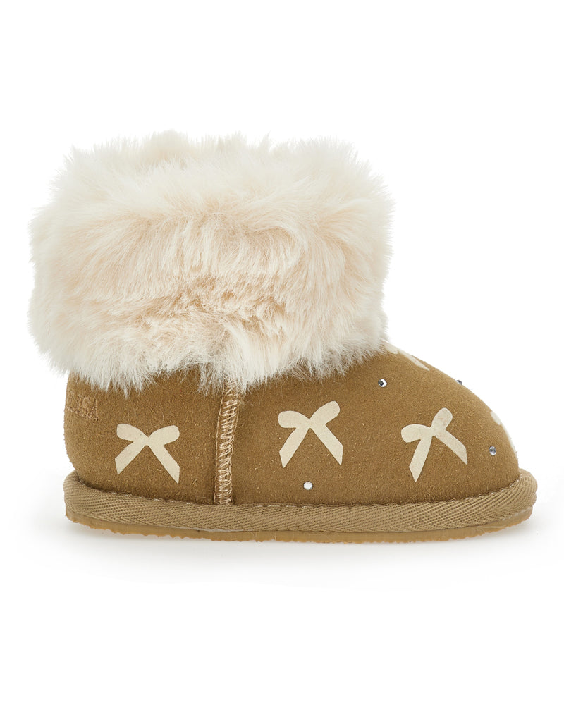 Girls Beige Bow Fur Boots