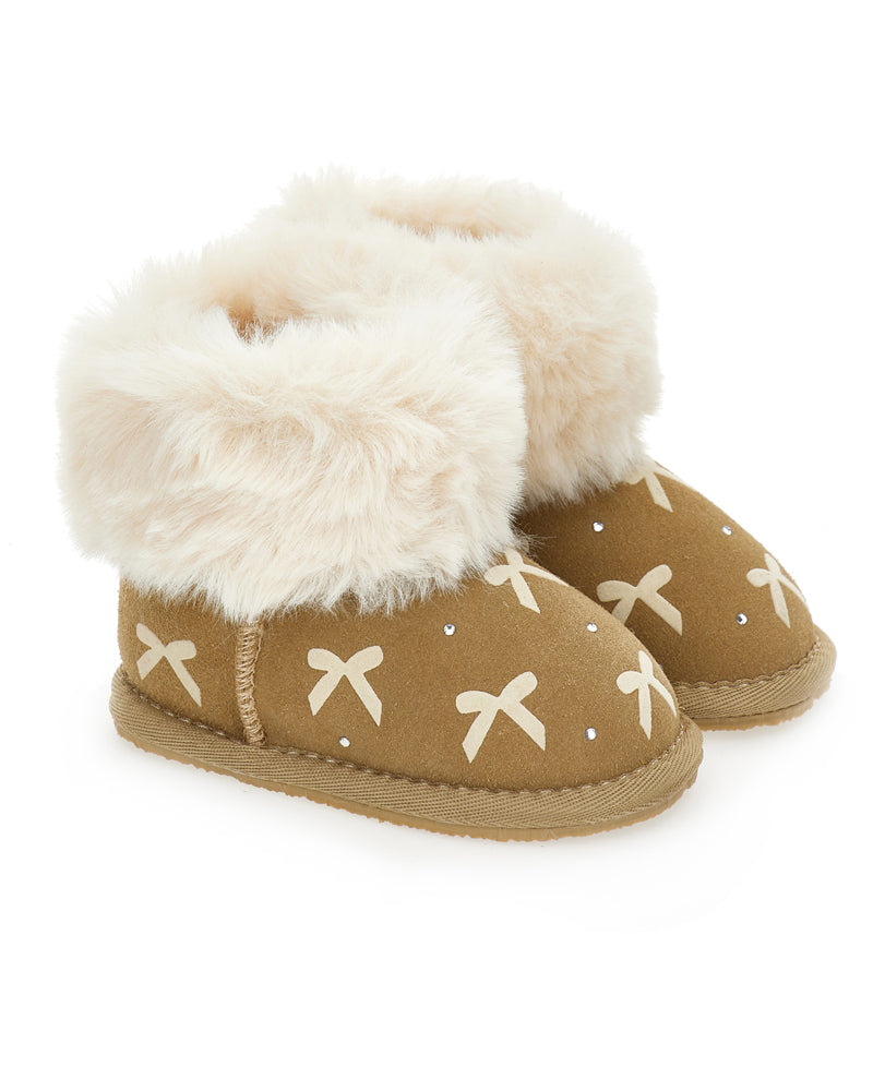 Girls Beige Bow Fur Boots