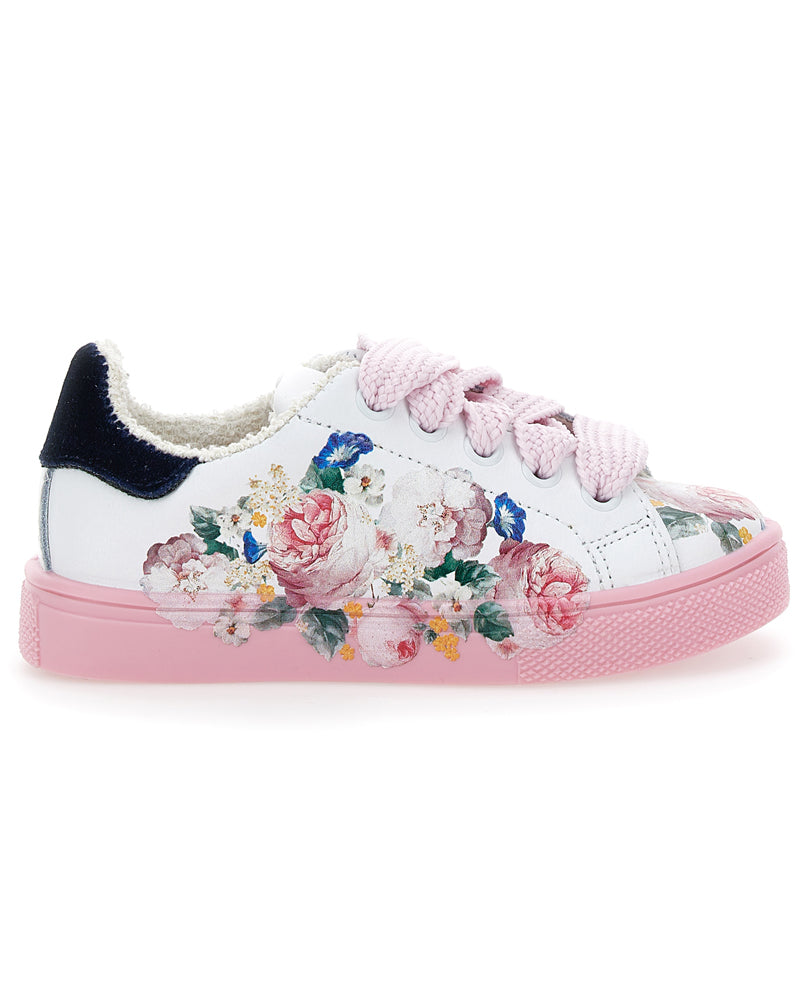 Girls White/Pink Floral Sneakers