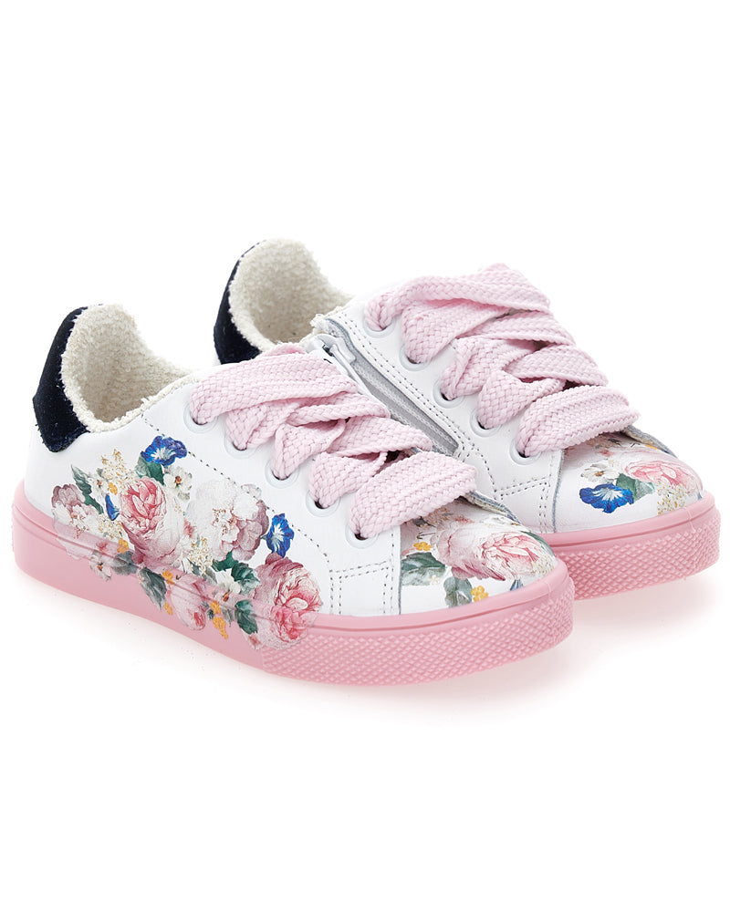 Girls White/Pink Floral Sneakers