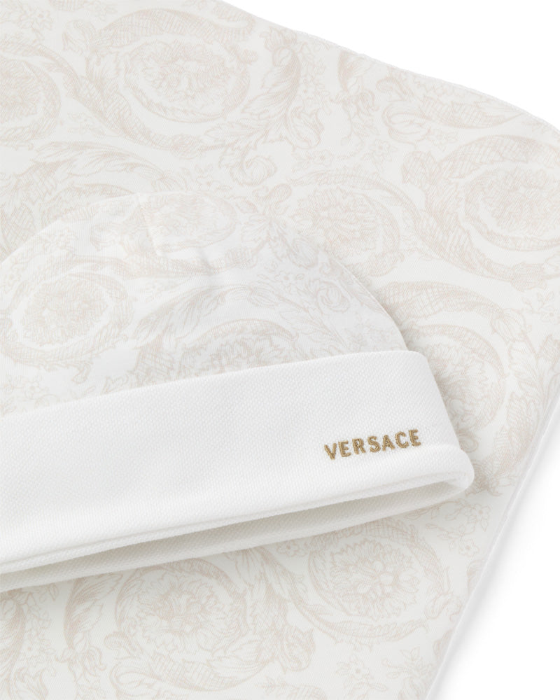 
  
    Versace
  
 Baby Beige Cotton Barocco Logo Blanket & Hat Set