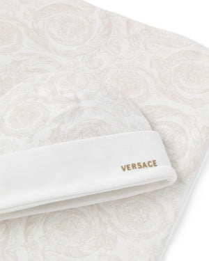 
  
    Versace
  
 Baby Beige Cotton Barocco Logo Blanket & Hat Set