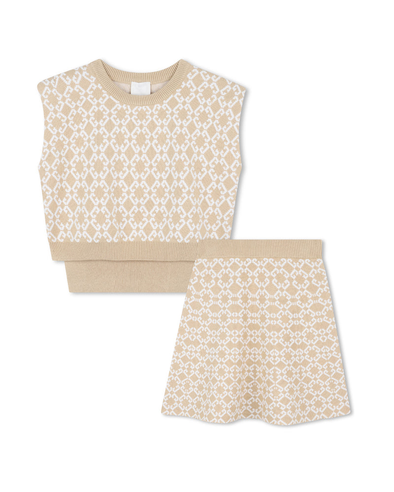 Girls Beige Knit 4G Top &amp; Skirt Set