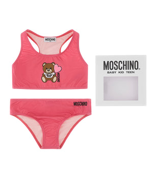 
  
    Moschino
  
 Girls Fuchsia Bear Heart Print Bikini