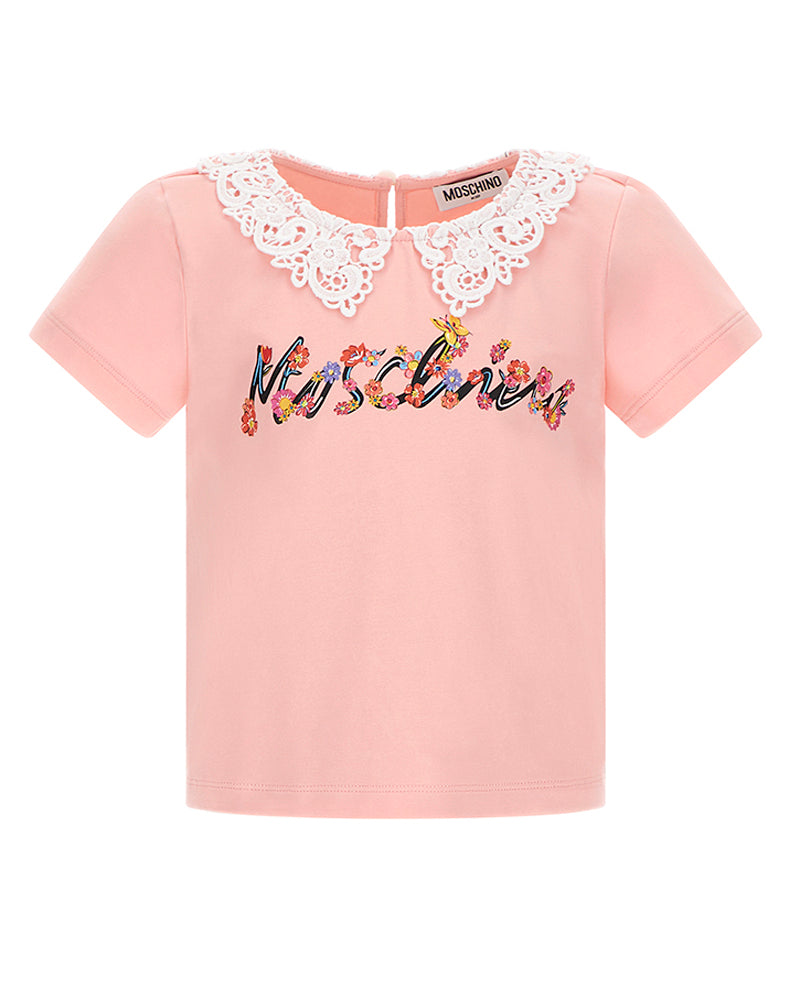 Girls Pink Lace Collar Logo T-Shirt