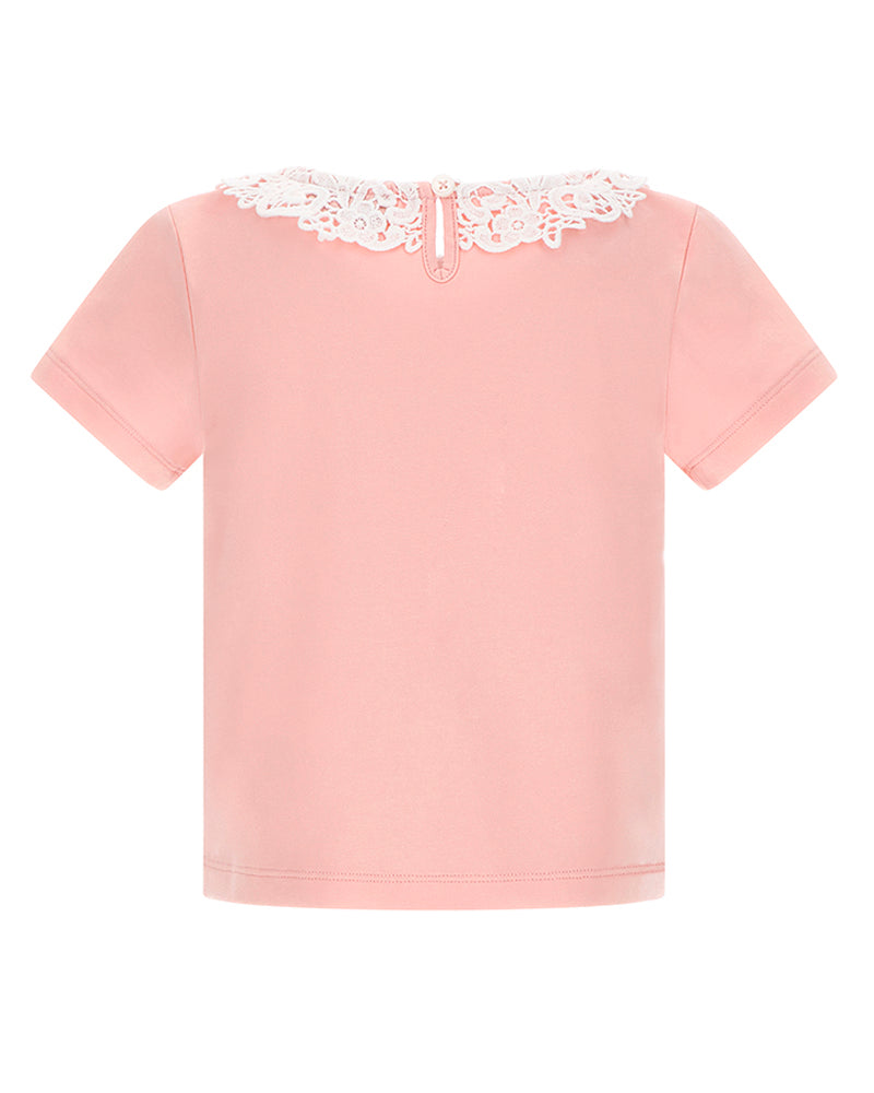 Girls Pink Lace Collar Logo T-Shirt