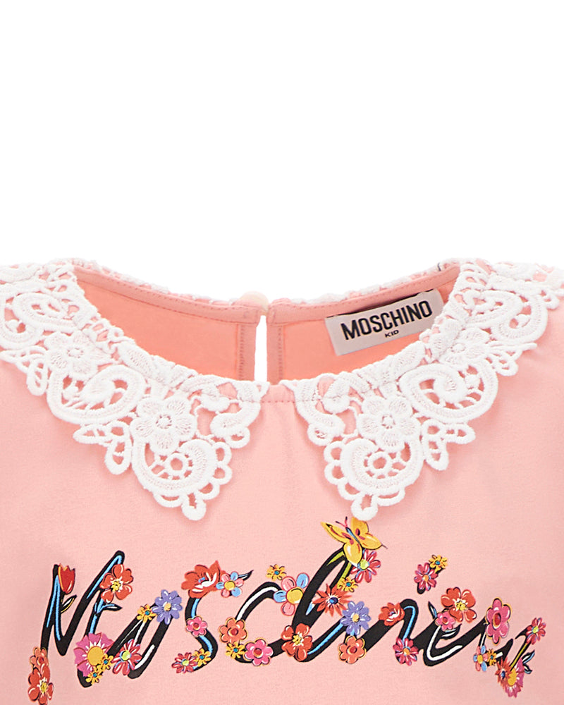 Girls Pink Lace Collar Logo T-Shirt