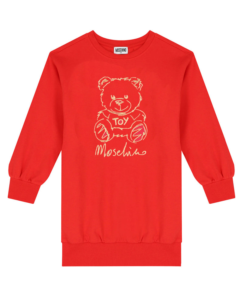 Girls Red Teddy Embroidery Sweatshirt Dress