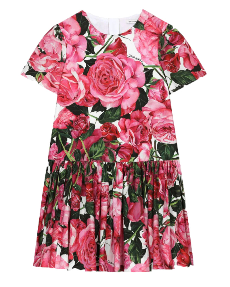 Girls Fuchsia Rose Print Floral Dress