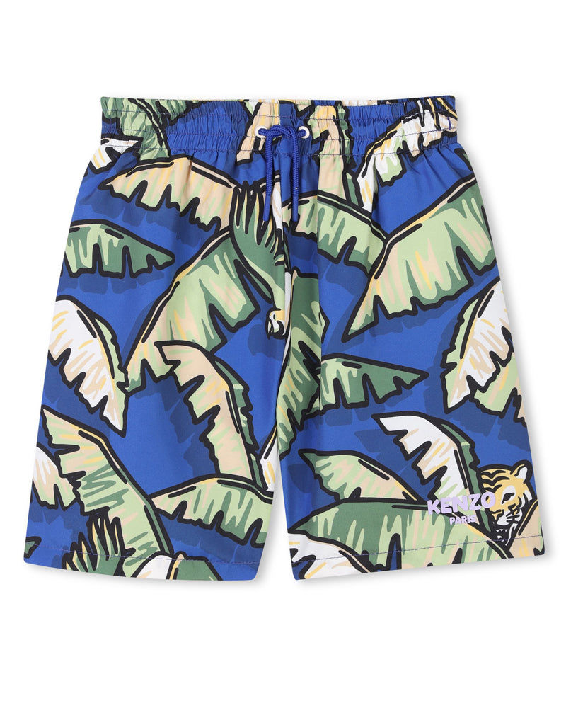 Boys Blue Leaf Print Swim Shorts