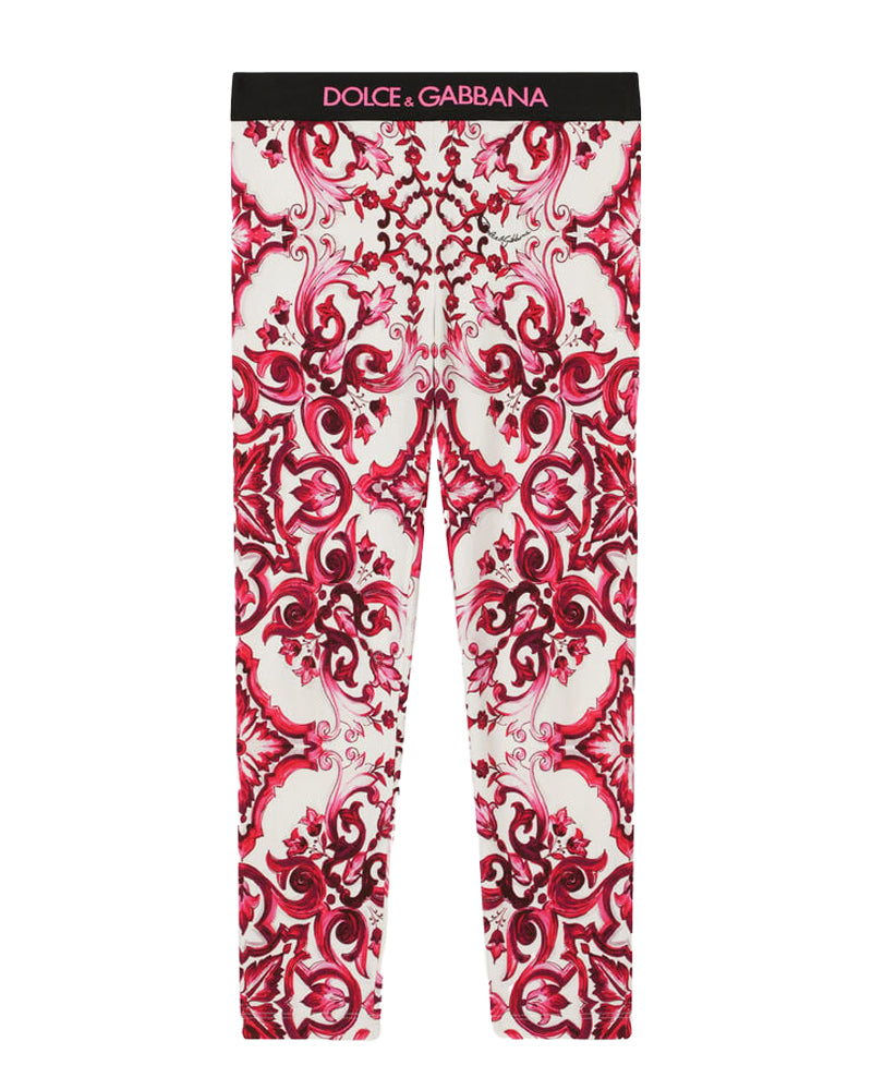 Dolce & Gabbana Girls Fuchsia Majolica-Print Leggings - Designer Kids Wear