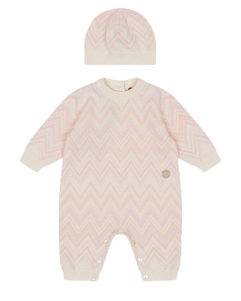 Baby Girls Pink Zig Zag Onesie &amp; Hat Set