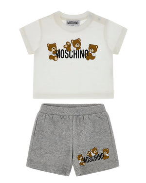 
  
    Moschino
  
 Baby Boys White/Grey Logo T & Short Set