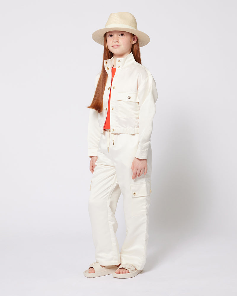 Girls Ivory Satin Cargo Pants