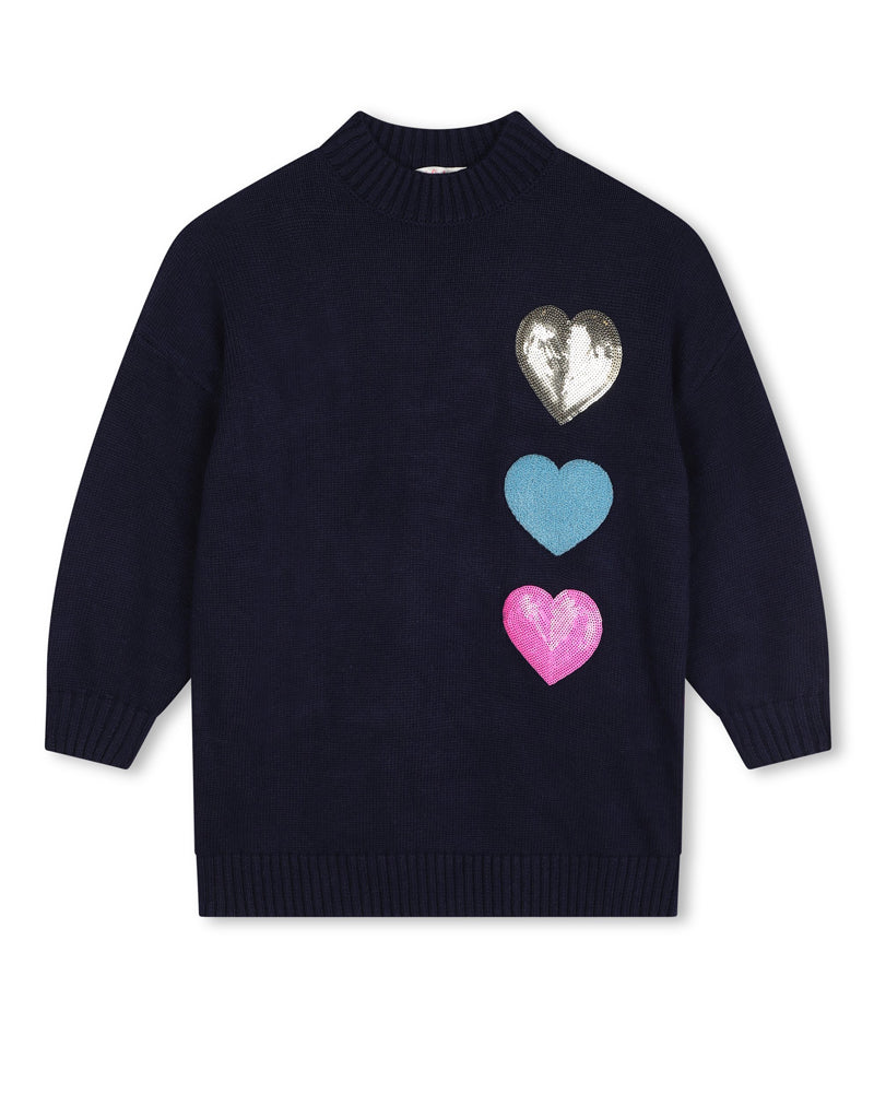 Girls Navy Heart Sqeuin Knit Dress