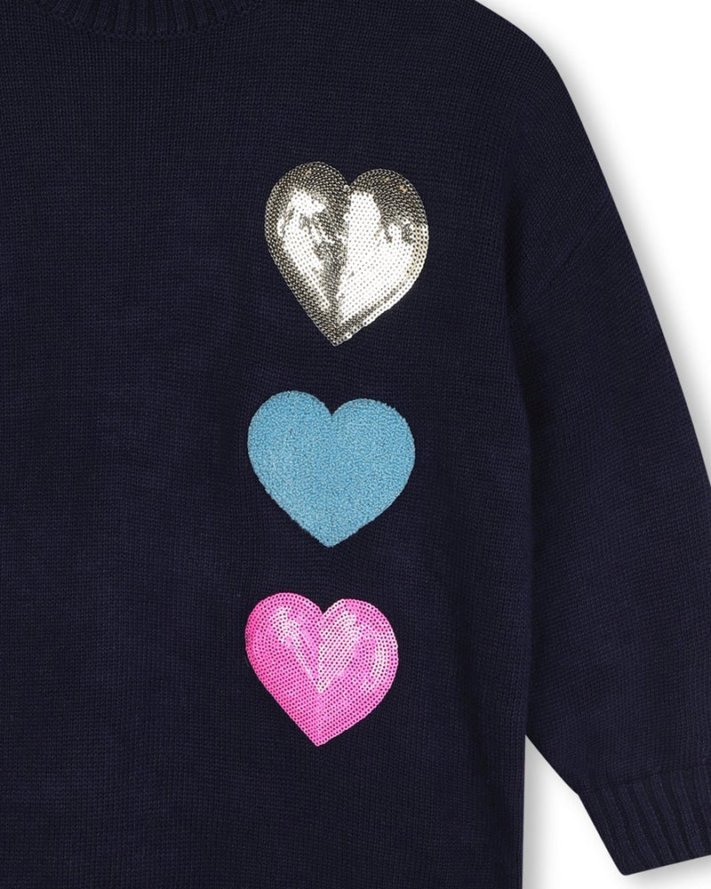 Girls Navy Heart Sqeuin Knit Dress