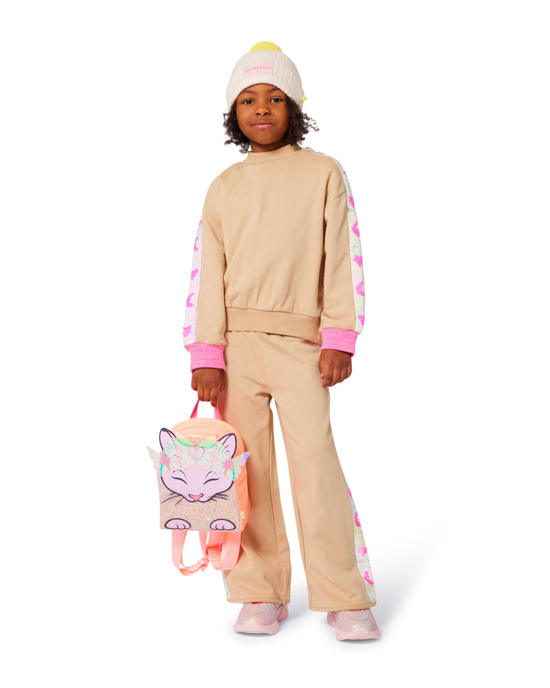 Girls Beige Sequin Stripes Track Pants