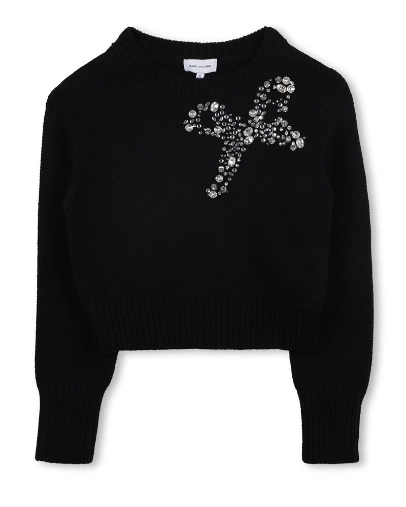 Girls Black Rhinestones Bow Sweater