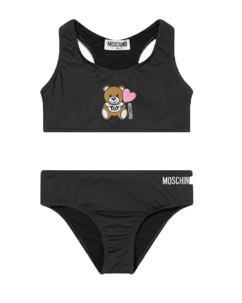 Girls Black Bear Heart Print Bikini