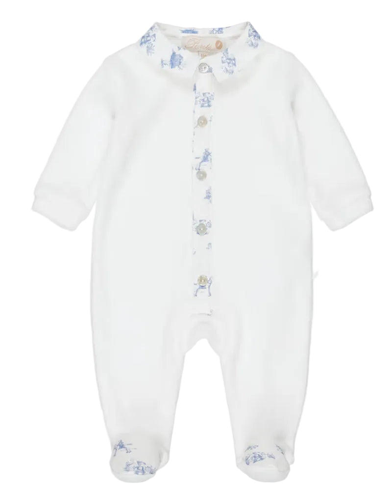 
  
    Pureté
  
    Du
  
    Bébé
  
 Baby Boys Blue/Ivory Toile De Jouy Velour Onesie