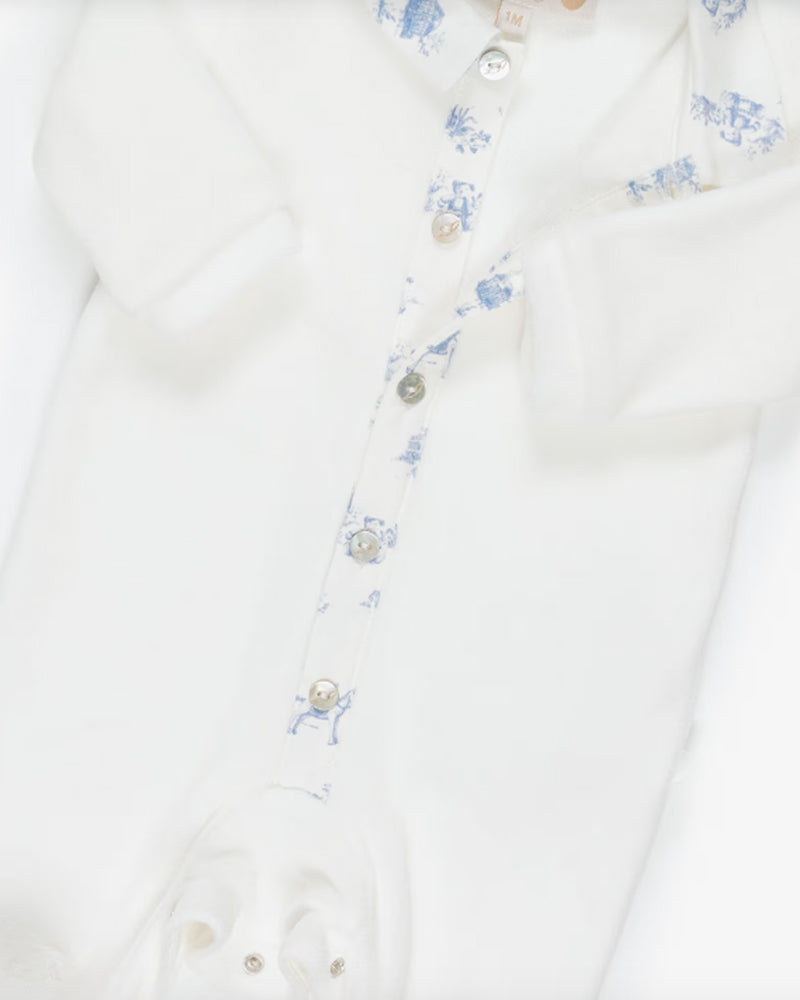 
  
    Pureté
  
    Du
  
    Bébé
  
 Baby Boys Blue/Ivory Toile De Jouy Velour Onesie