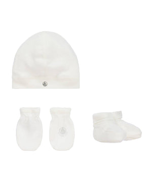 
  
    Petit
  
    Bateau
  
 Baby Ivory Hat, Mit & Bottie Set
