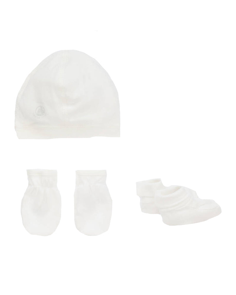 
  
    Petit
  
    Bateau
  
 Baby Ivory Hat, Mit & Bottie Set