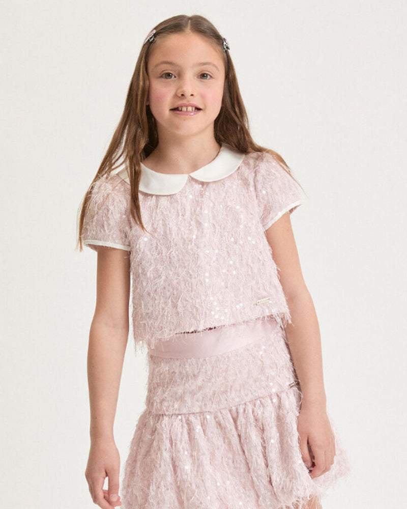 
  
    Monnalisa
  
 Girls Pink Sequin Feathered Blouse & Skirt Set