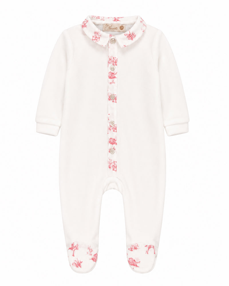 
  
    Pureté
  
    Du
  
    Bébé
  
 Baby Girls Pink/Ivory Toile De Jouy Velour Onesie