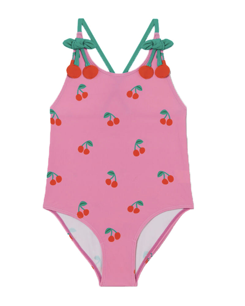 Girls Pink Cherry Print Swimsuit