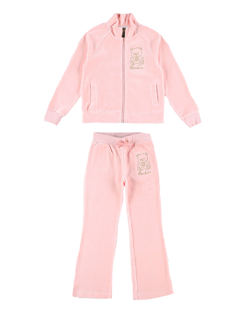 Girls Pink Velvet Teddy Embroidery Tracksuit