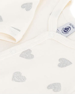 
  
    Petit
  
    Bateau
  
 Baby Girls Ivory Silver Heart Onesie