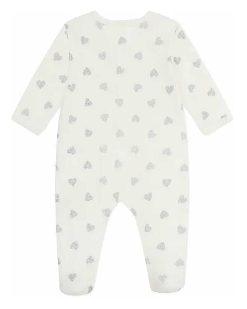 
  
    Petit
  
    Bateau
  
 Baby Girls Ivory Silver Heart Onesie