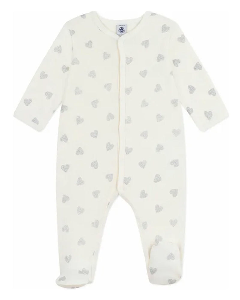 
  
    Petit
  
    Bateau
  
 Baby Girls Ivory Silver Heart Onesie