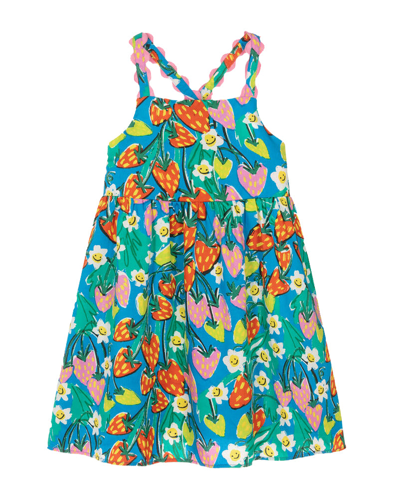 Girls Blue Strawberry Floral Dress