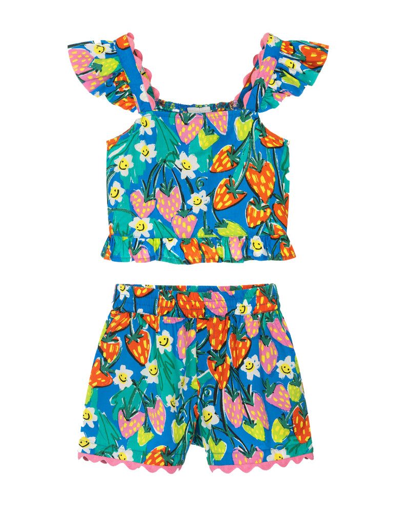 Girls Blue Strawberry Floral Set