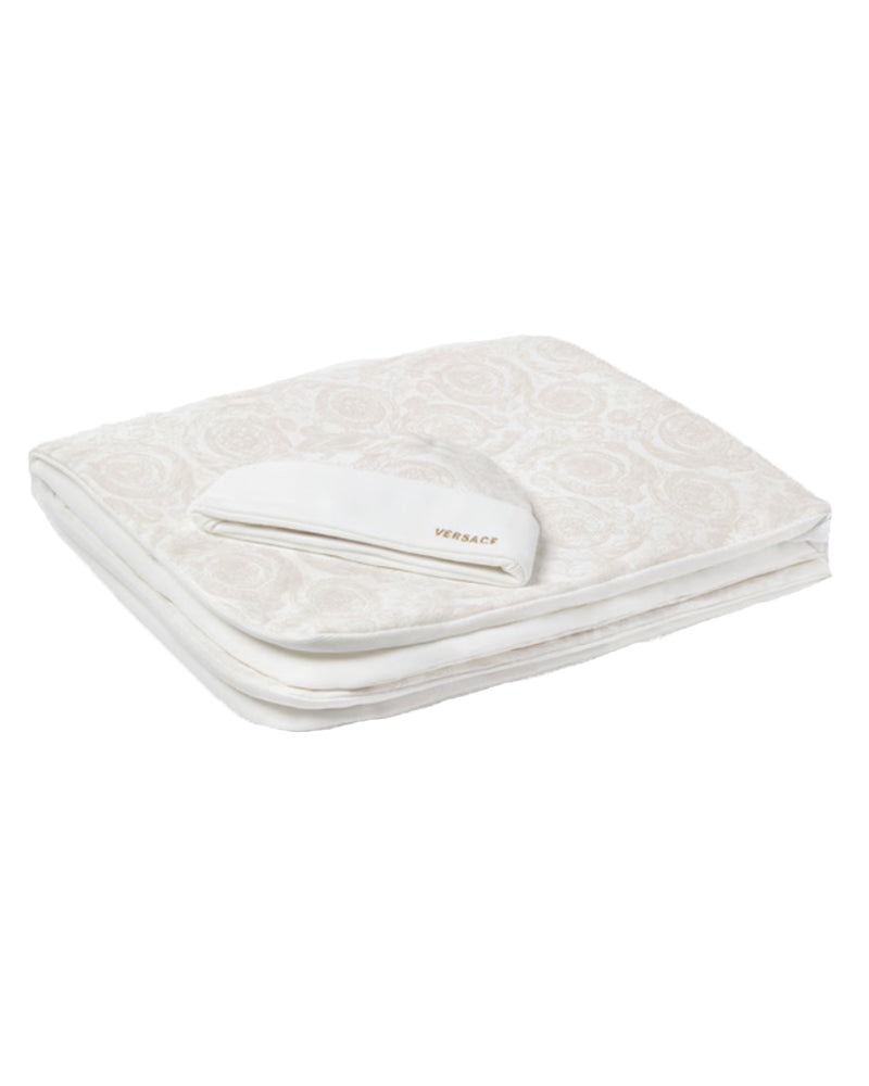
  
    Versace
  
 Baby Beige Cotton Barocco Logo Blanket & Hat Set